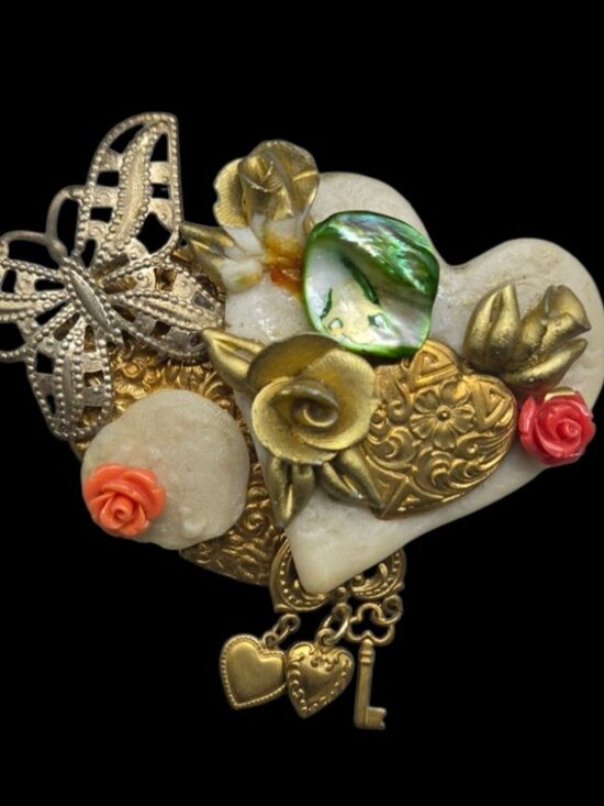 Artisan Jewelry - VINTAGE Mixed Media Heart Brooch Pin Butterfly Key Charms Victorian Revival